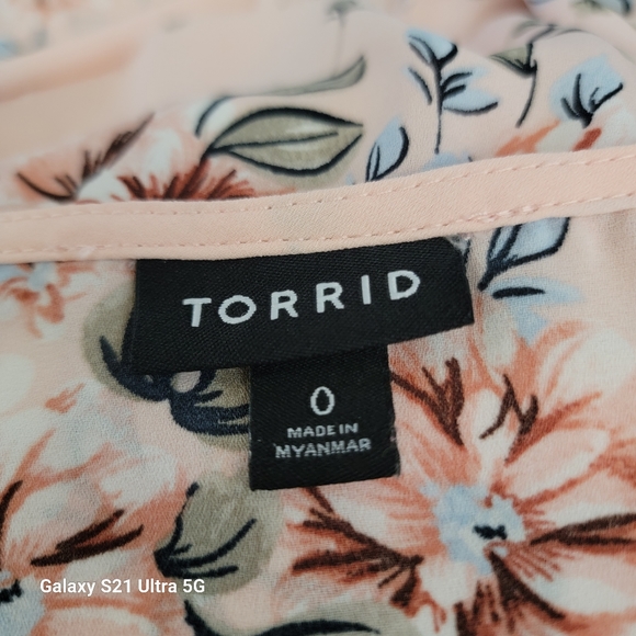 Torrid Babydoll Georgette Floral V Neck Flutter Sleeve Peplum Hem Top Pink Sz 0 - Picture 4 of 6